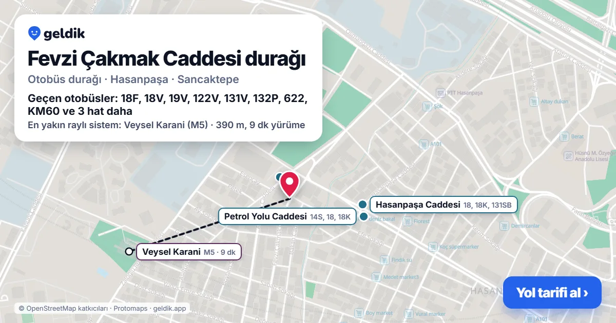 Fevzi Çakmak Caddesi otobüs durağı haritada: konumu ve yakındaki duraklar