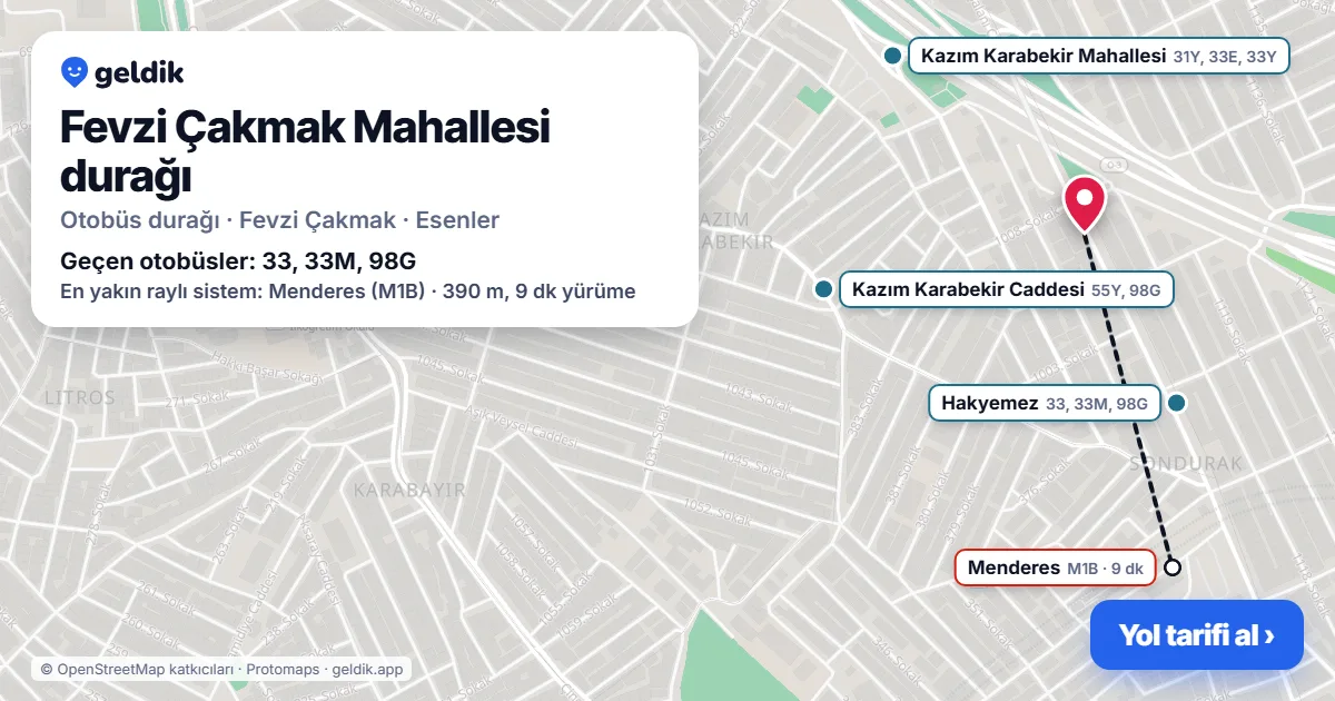 Fevzi Çakmak Mahallesi otobüs durağı haritada: konumu ve yakındaki duraklar