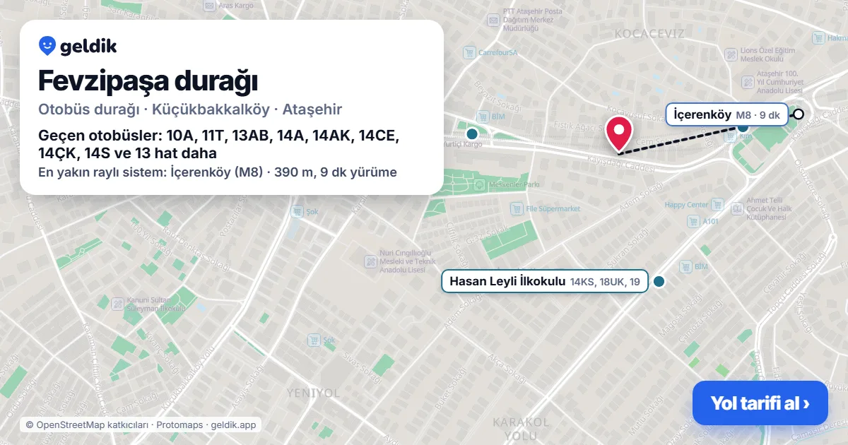 Fevzipaşa otobüs durağı haritada: konumu ve yakındaki duraklar
