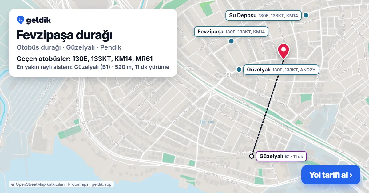 Fevzipaşa otobüs durağı haritada: konumu ve yakındaki duraklar
