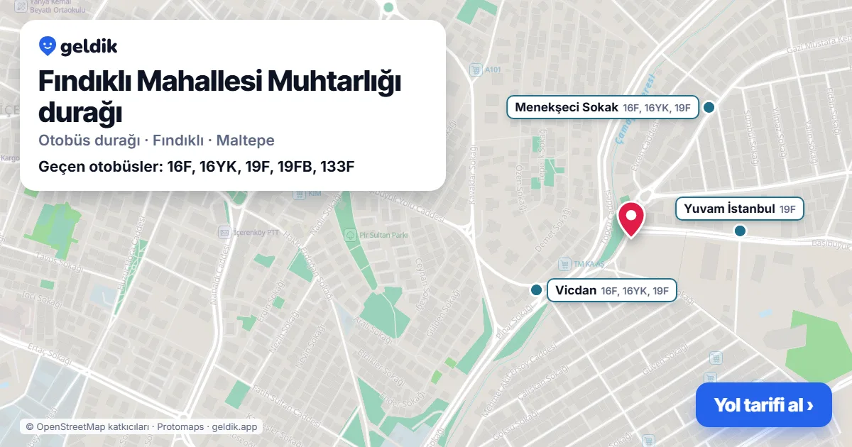 Fındıklı Mahallesi Muhtarlığı otobüs durağı haritada: konumu ve yakındaki duraklar