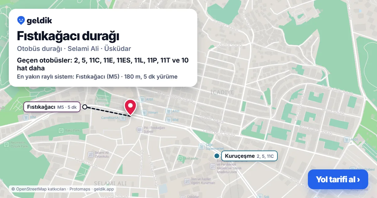 Fıstıkağacı otobüs durağı haritada: konumu ve yakındaki duraklar