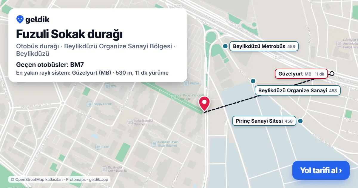 Fuzuli Sokak otobüs durağı haritada: konumu ve yakındaki duraklar