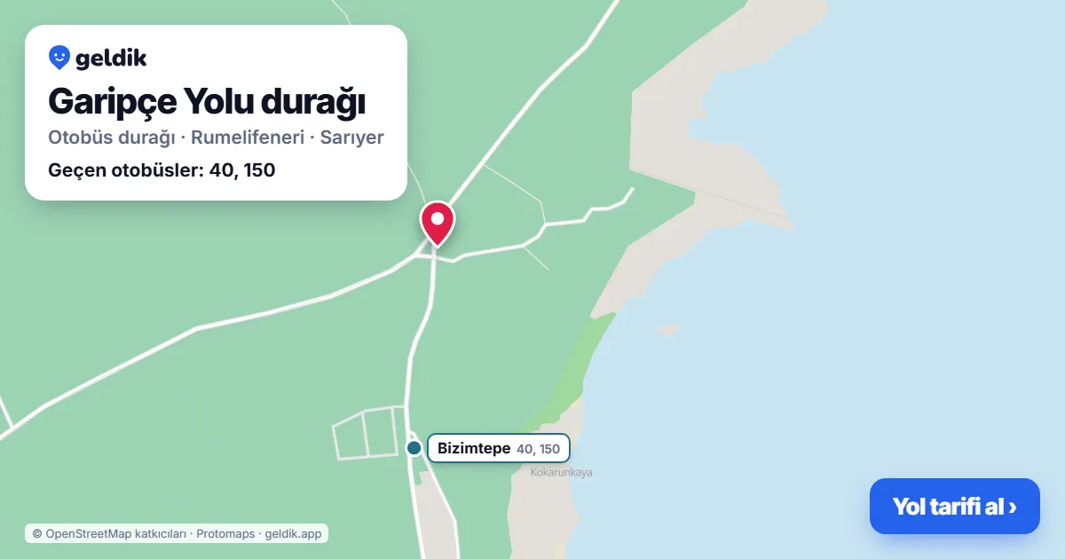 Garipçe Yolu otobüs durağı haritada: konumu ve yakındaki duraklar