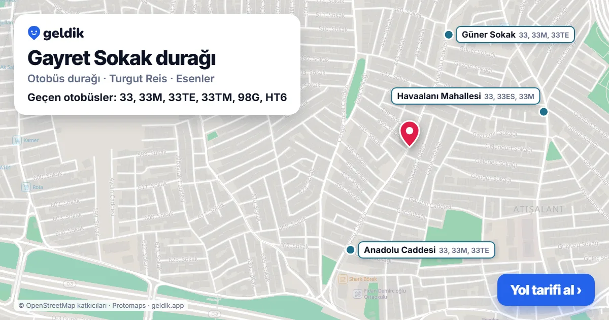 Gayret Sokak otobüs durağı haritada: konumu ve yakındaki duraklar