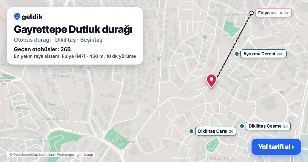Gayrettepe Dutluk otobüs durağı haritada: konumu ve yakındaki duraklar