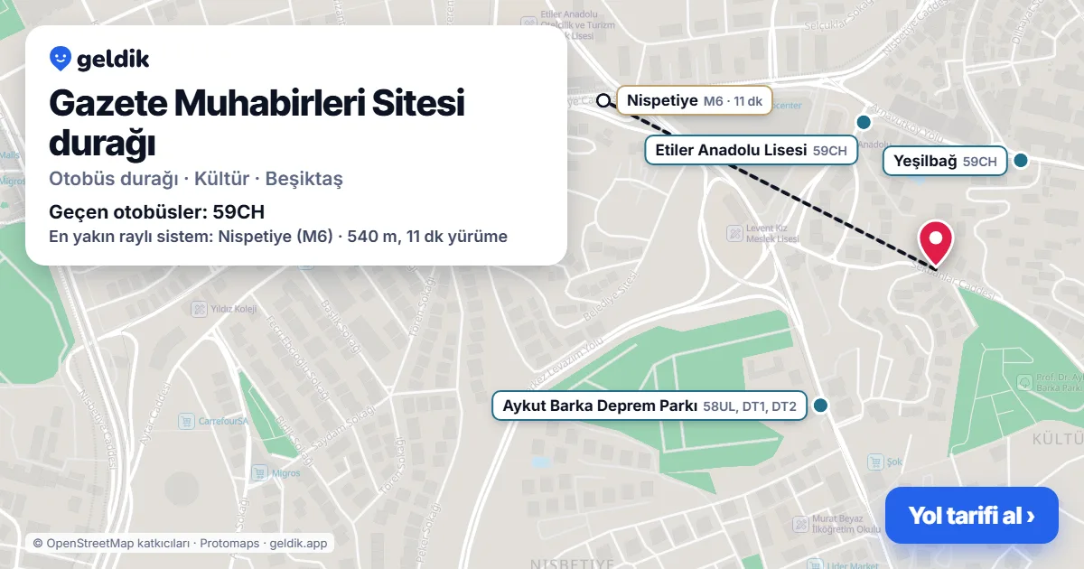 Gazete Muhabirleri Sitesi otobüs durağı haritada: konumu ve yakındaki duraklar