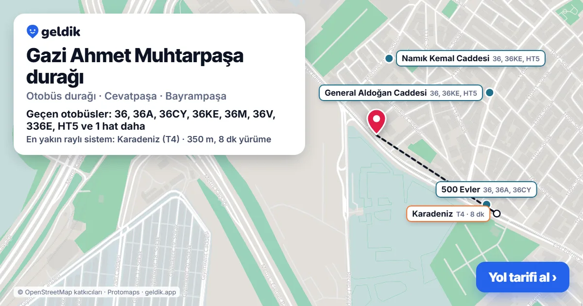 Gazi Ahmet Muhtarpaşa otobüs durağı haritada: konumu ve yakındaki duraklar