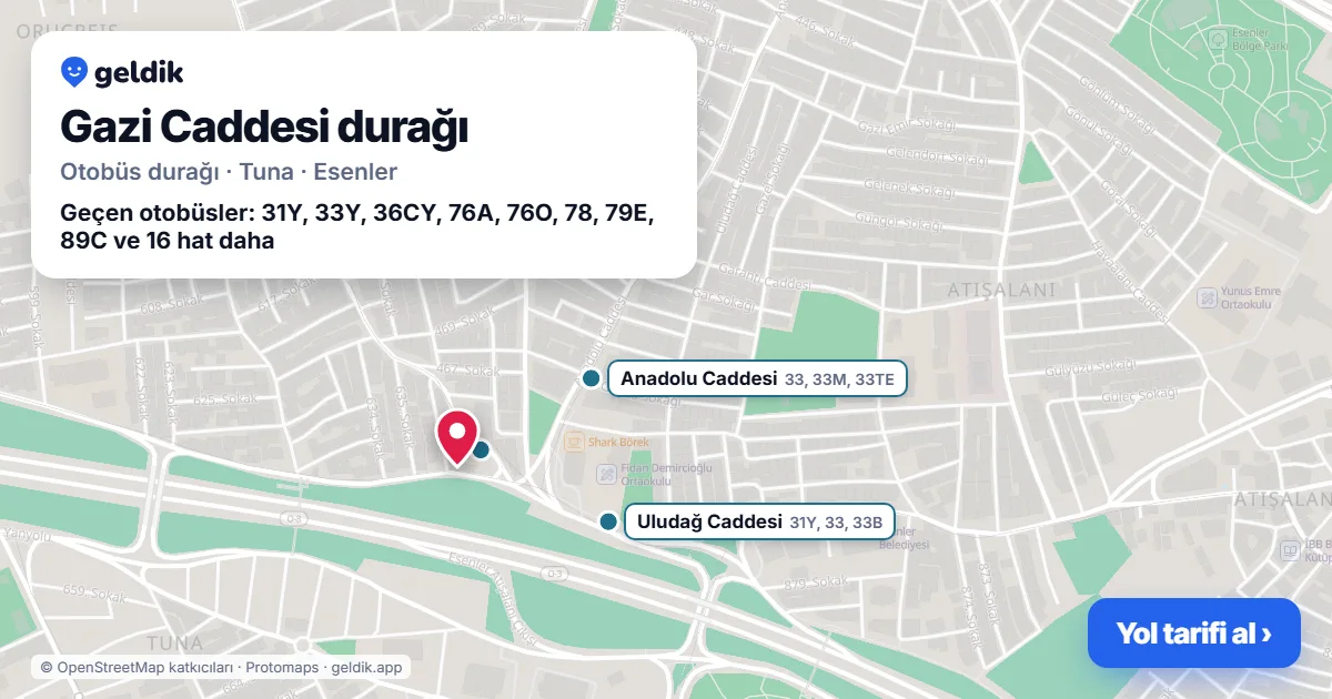 Gazi Caddesi otobüs durağı haritada: konumu ve yakındaki duraklar