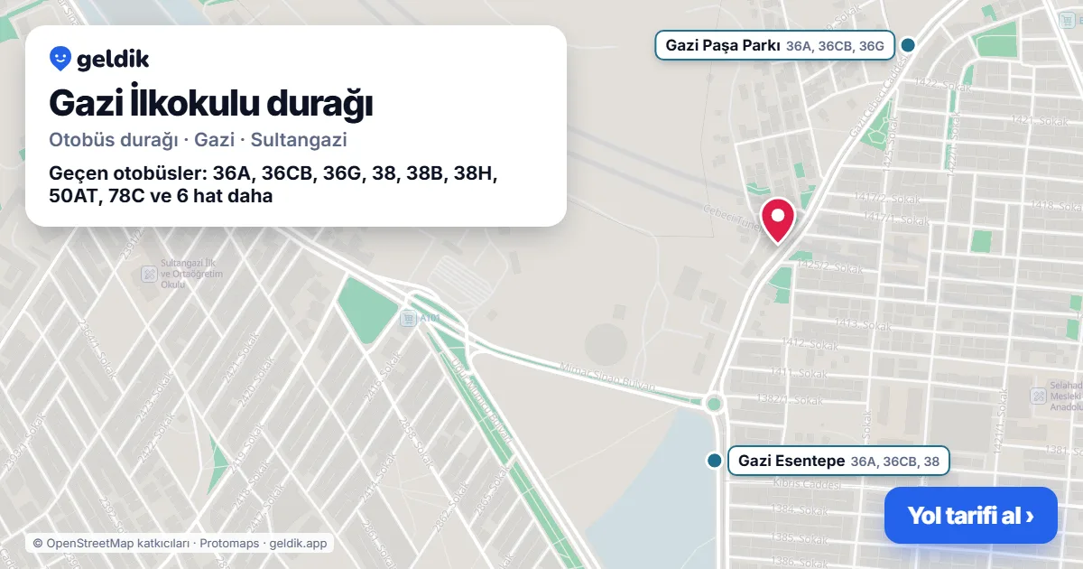 Gazi İlkokulu otobüs durağı haritada: konumu ve yakındaki duraklar