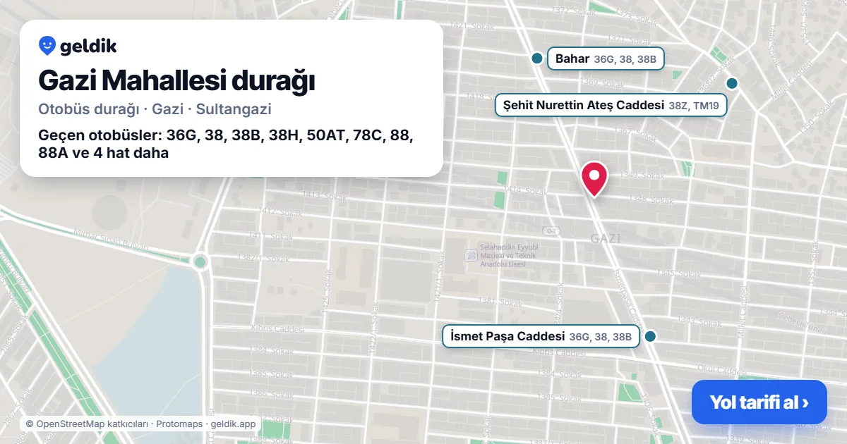 Gazi Mahallesi otobüs durağı haritada: konumu ve yakındaki duraklar