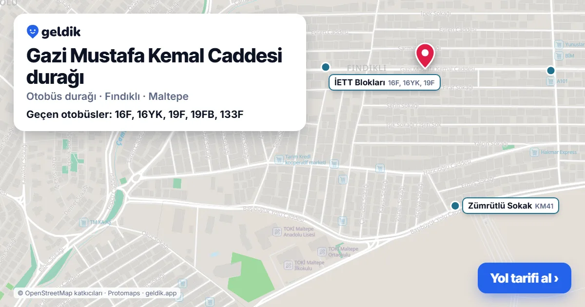 Gazi Mustafa Kemal Caddesi otobüs durağı haritada: konumu ve yakındaki duraklar