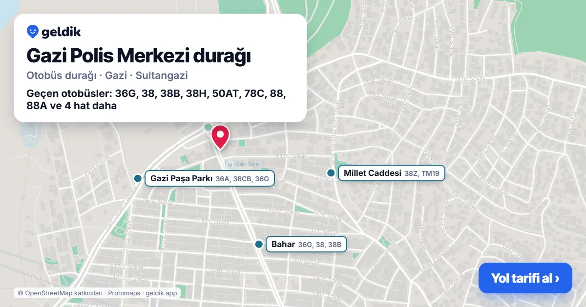 Gazi Polis Merkezi otobüs durağı haritada: konumu ve yakındaki duraklar