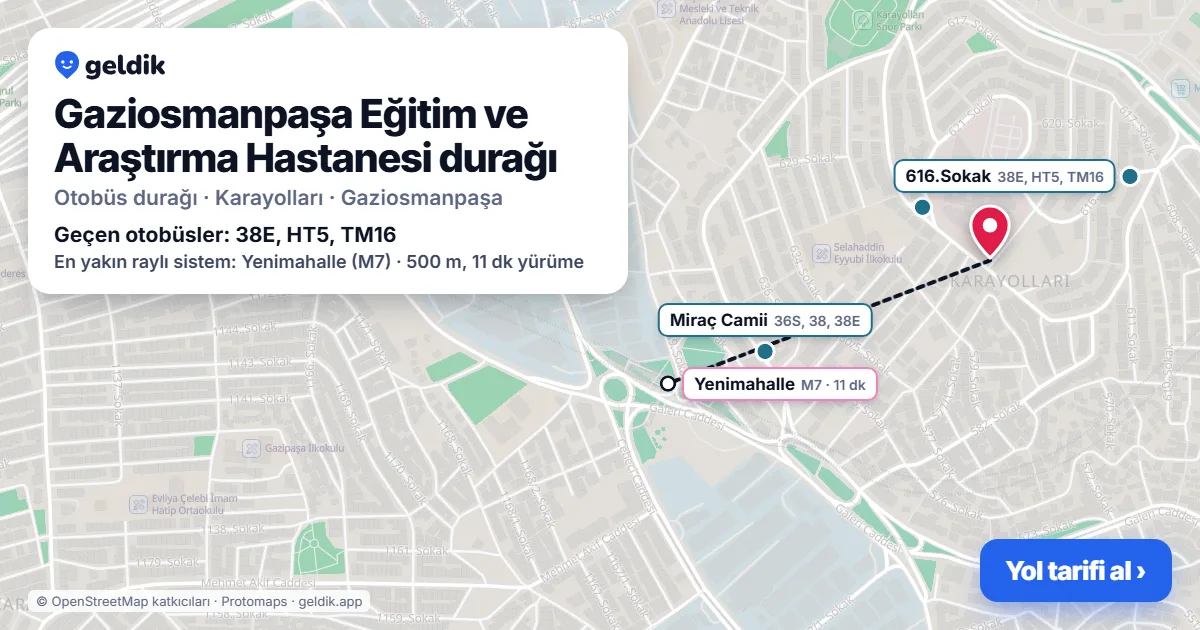 Gaziosmanpaşa Eğitim ve Araştırma Hastanesi otobüs durağı haritada: konumu ve yakındaki duraklar