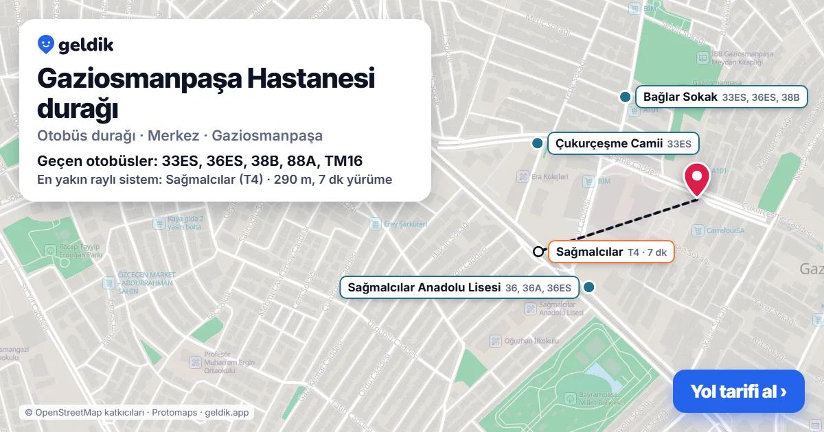 Gaziosmanpaşa Hastanesi otobüs durağı haritada: konumu ve yakındaki duraklar