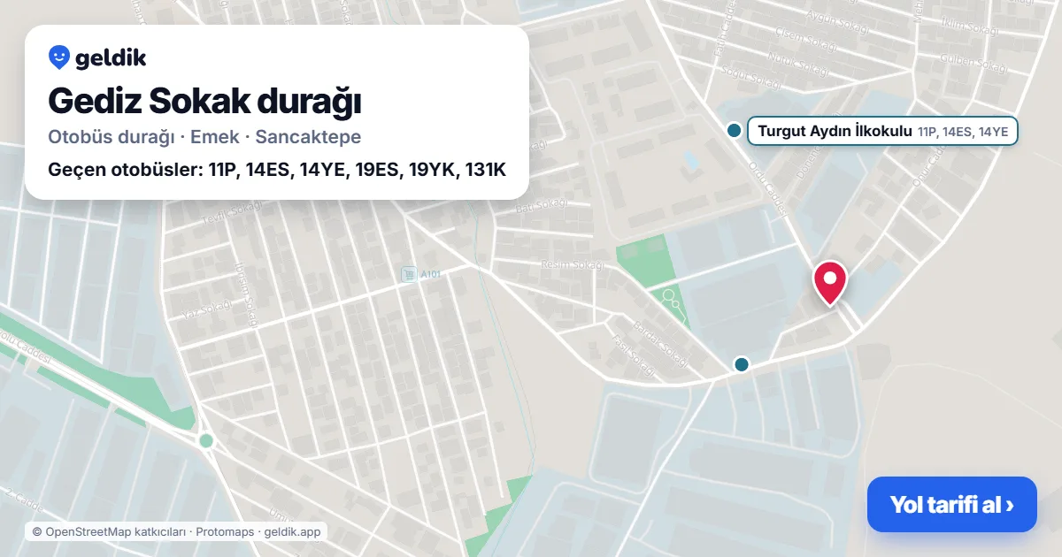 Gediz Sokak otobüs durağı haritada: konumu ve yakındaki duraklar