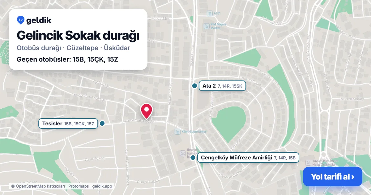 Gelincik Sokak otobüs durağı haritada: konumu ve yakındaki duraklar