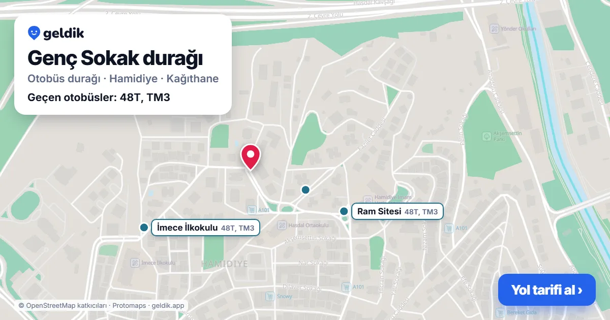 Genç Sokak otobüs durağı haritada: konumu ve yakındaki duraklar