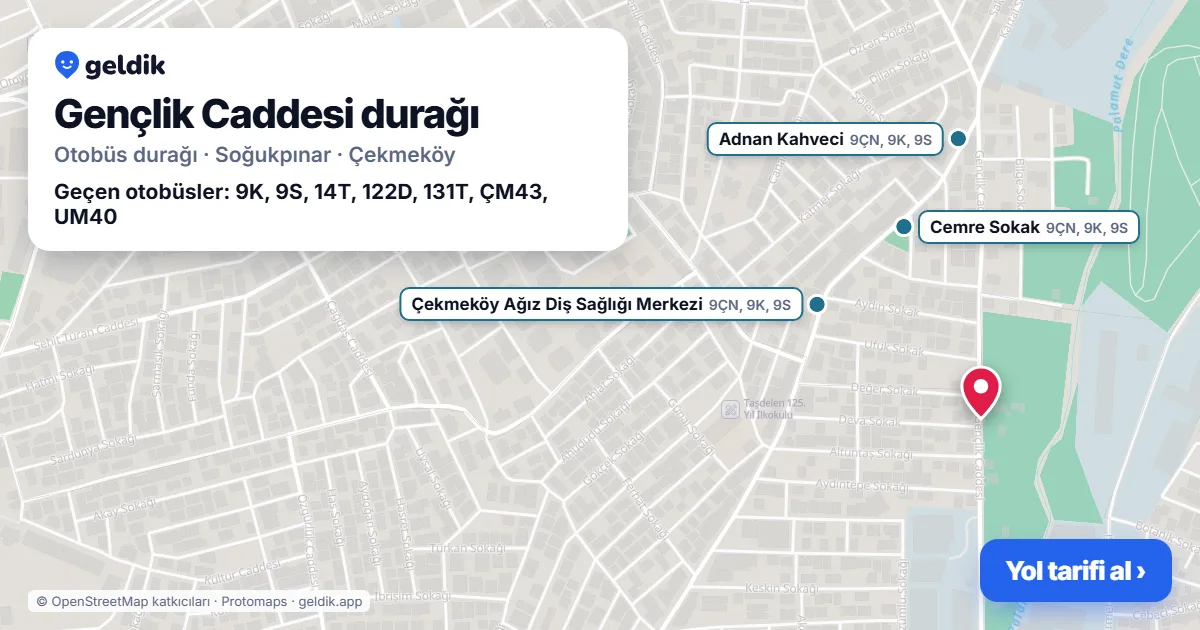 Gençlik Caddesi otobüs durağı haritada: konumu ve yakındaki duraklar