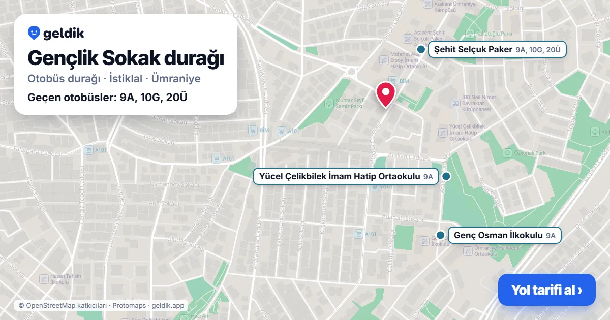Gençlik Sokak otobüs durağı haritada: konumu ve yakındaki duraklar
