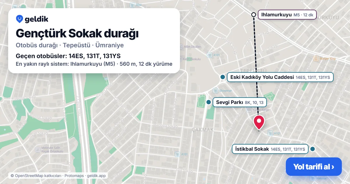 Gençtürk Sokak otobüs durağı haritada: konumu ve yakındaki duraklar