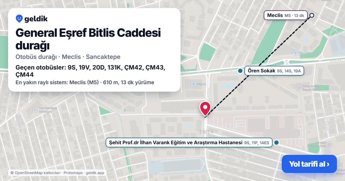 General Eşref Bitlis Caddesi otobüs durağı haritada: konumu ve yakındaki duraklar