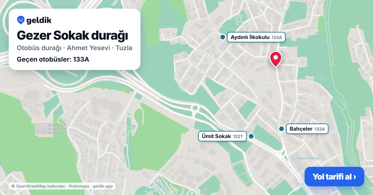 Gezer Sokak otobüs durağı haritada: konumu ve yakındaki duraklar