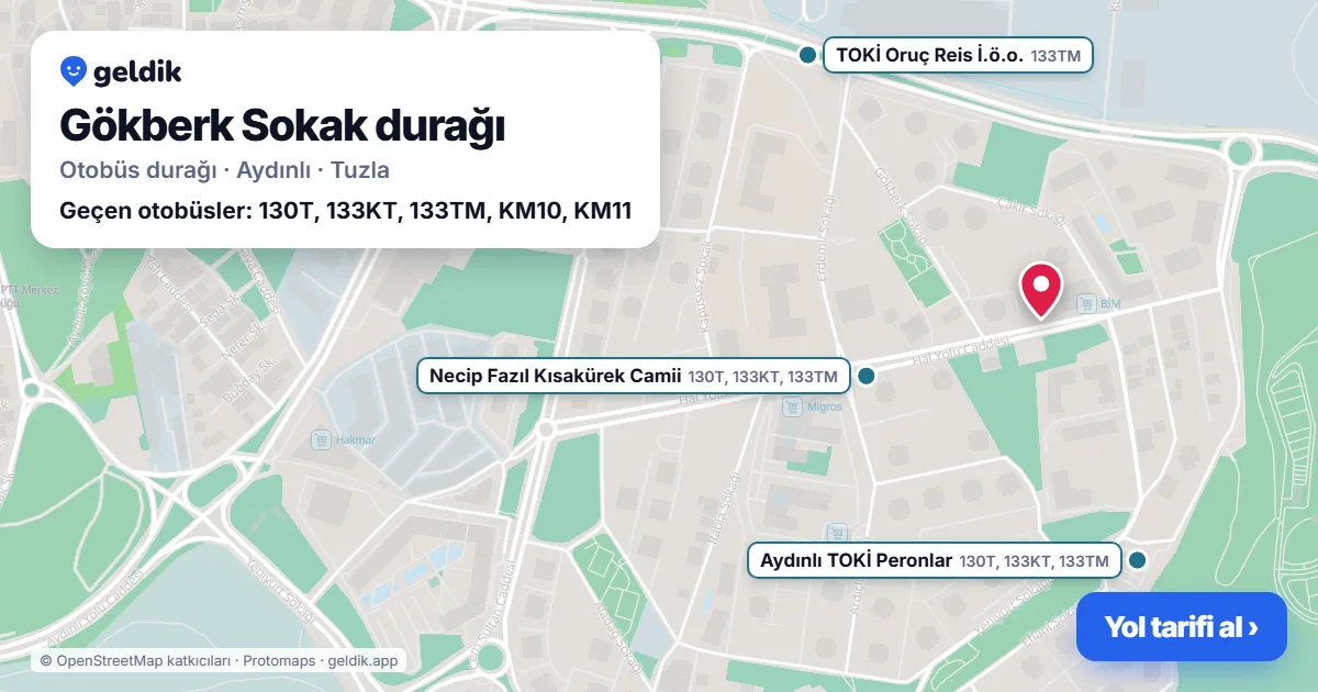 Gökberk Sokak otobüs durağı haritada: konumu ve yakındaki duraklar