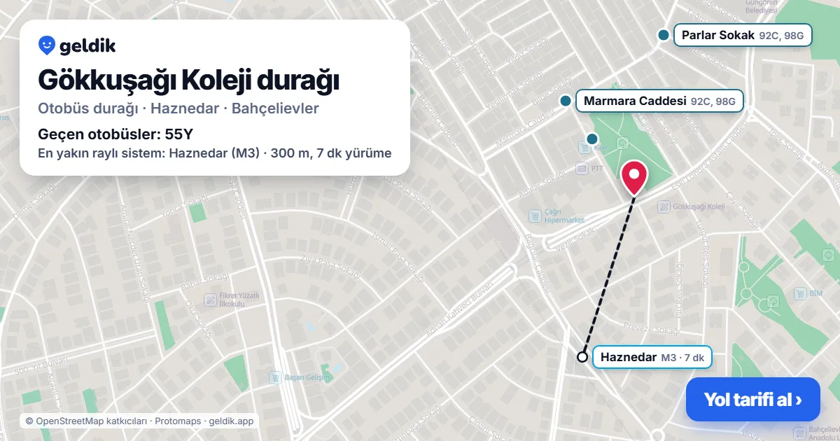 Gökkuşağı Koleji otobüs durağı haritada: konumu ve yakındaki duraklar