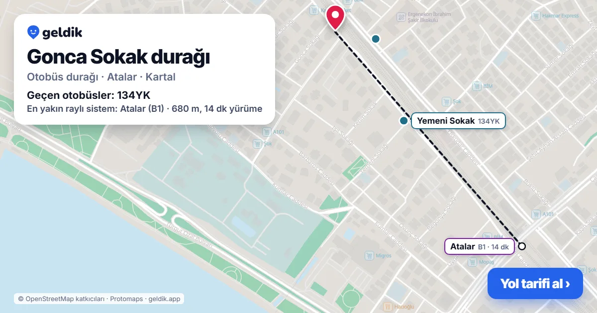 Gonca Sokak otobüs durağı haritada: konumu ve yakındaki duraklar