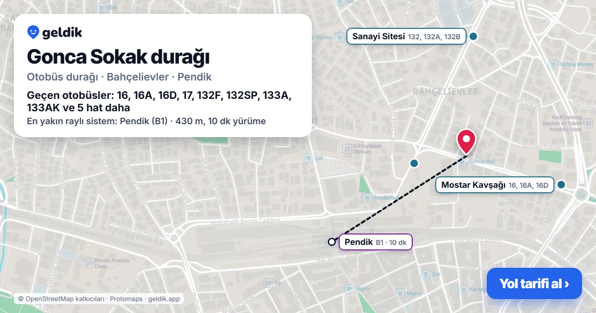 Gonca Sokak otobüs durağı haritada: konumu ve yakındaki duraklar