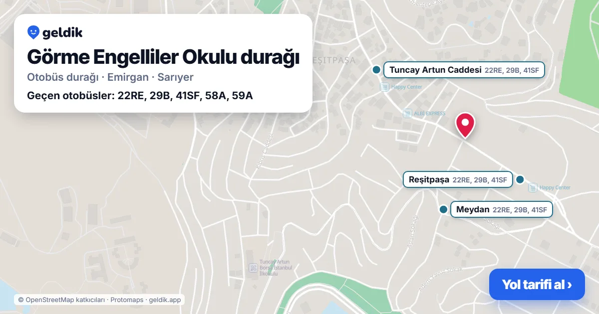 Görme Engelliler Okulu otobüs durağı haritada: konumu ve yakındaki duraklar