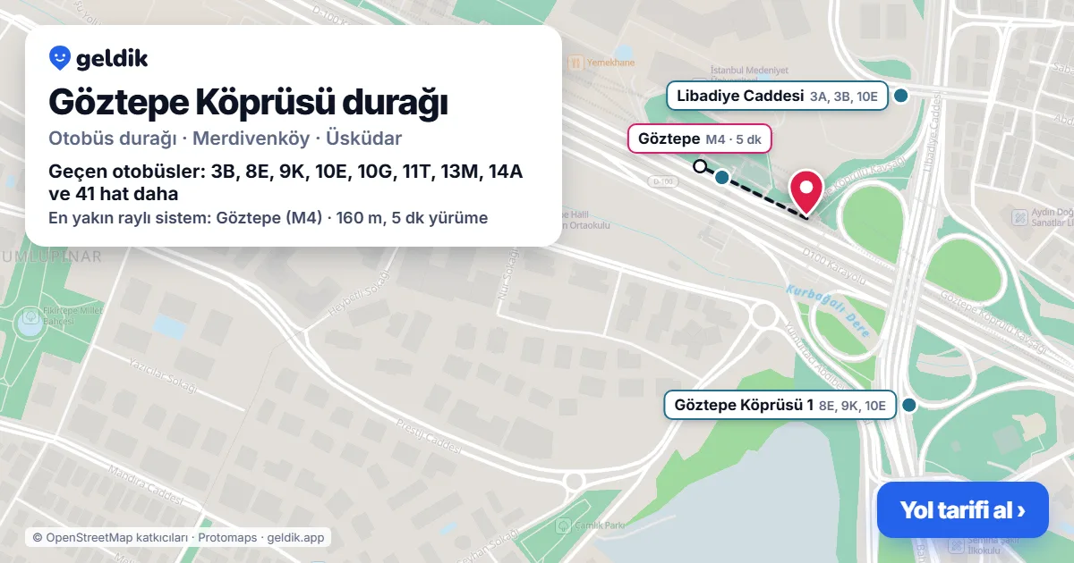 Göztepe Köprüsü otobüs durağı haritada: konumu ve yakındaki duraklar
