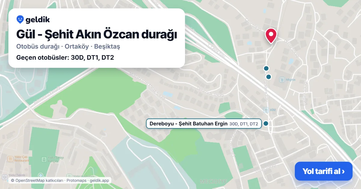 Gül - Şehit Akın Özcan otobüs durağı haritada: konumu ve yakındaki duraklar