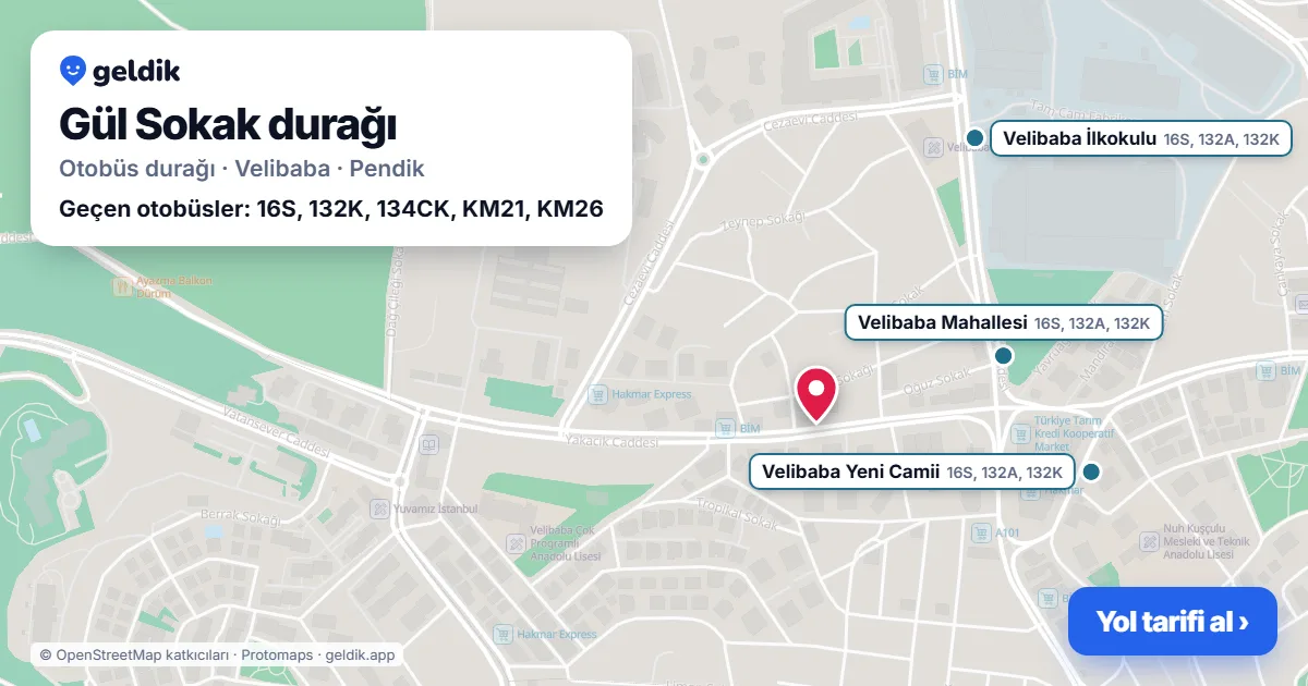 Gül Sokak otobüs durağı haritada: konumu ve yakındaki duraklar
