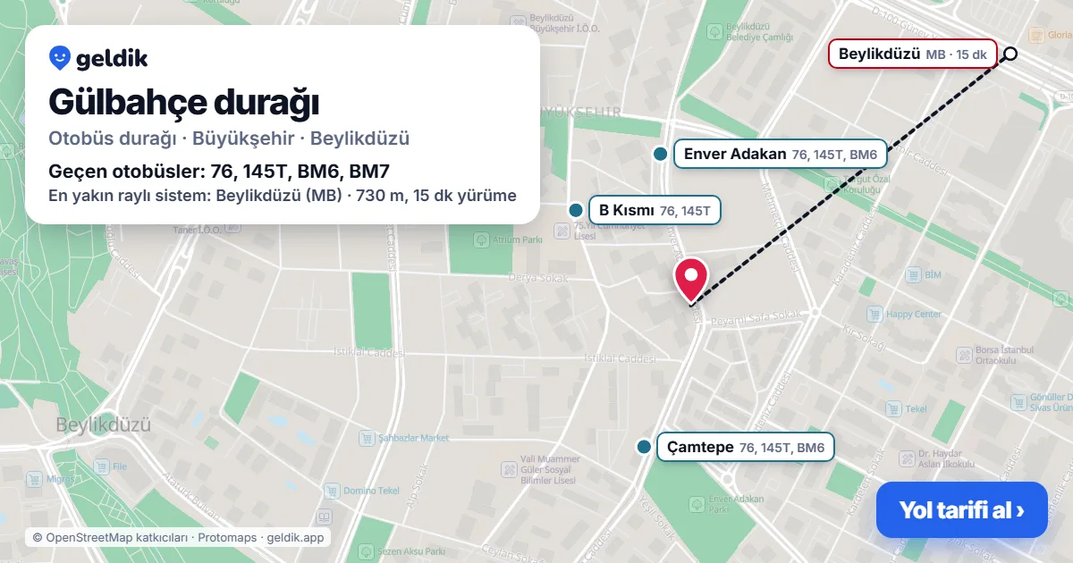 Gülbahçe otobüs durağı haritada: konumu ve yakındaki duraklar