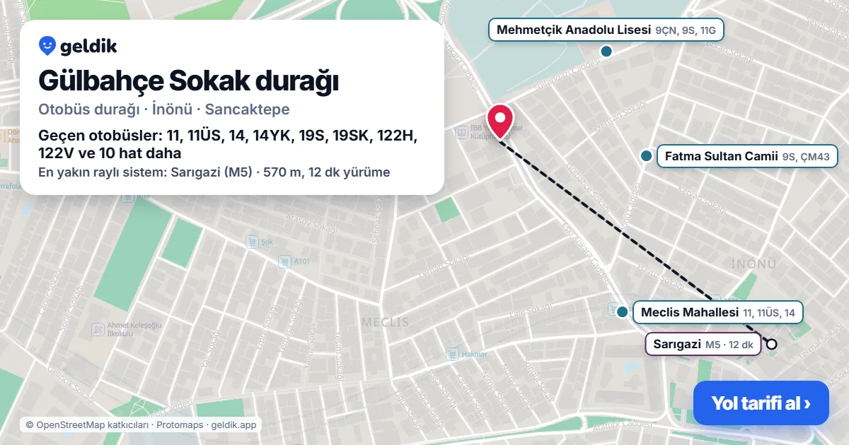 Gülbahçe Sokak otobüs durağı haritada: konumu ve yakındaki duraklar