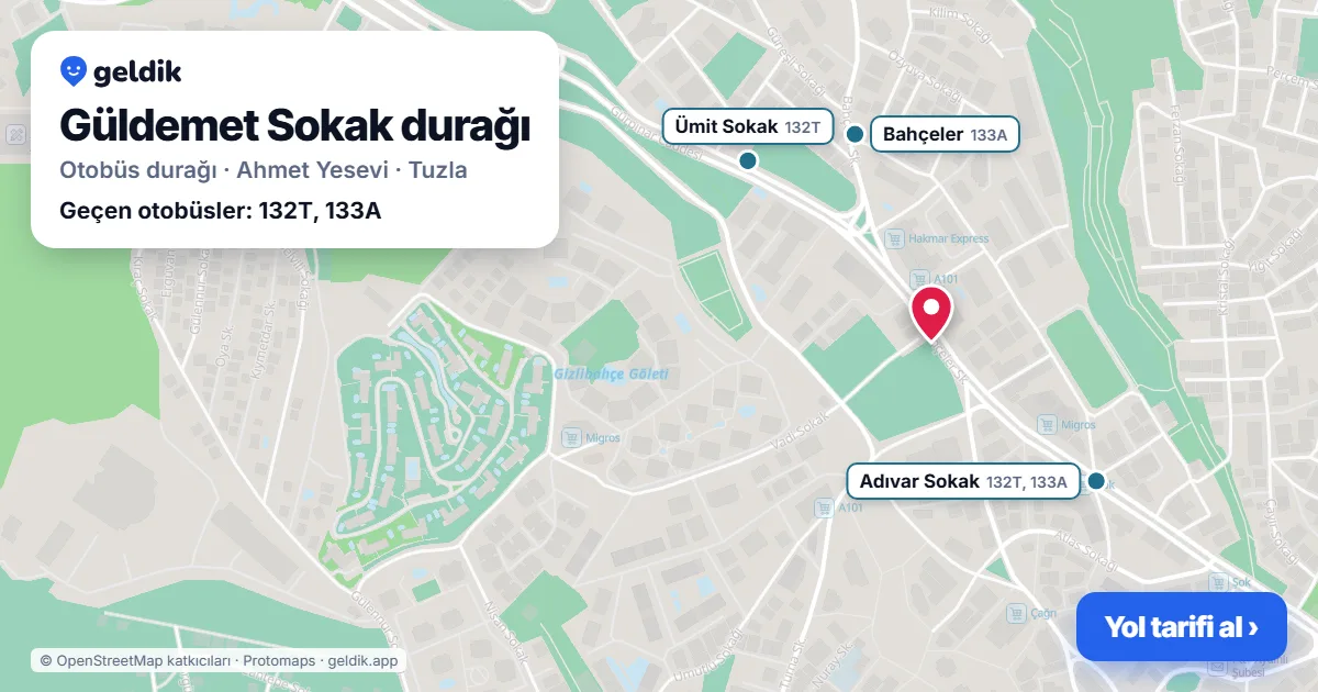 Güldemet Sokak otobüs durağı haritada: konumu ve yakındaki duraklar