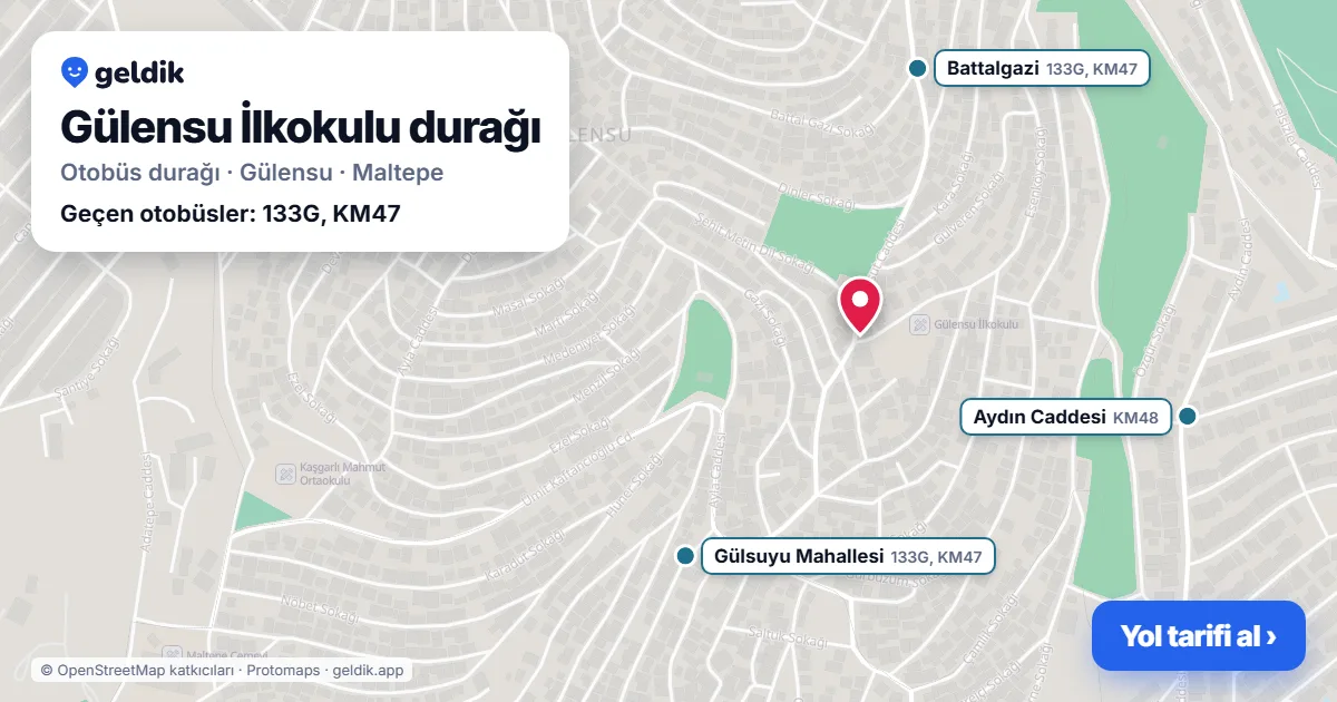 Gülensu İlkokulu otobüs durağı haritada: konumu ve yakındaki duraklar