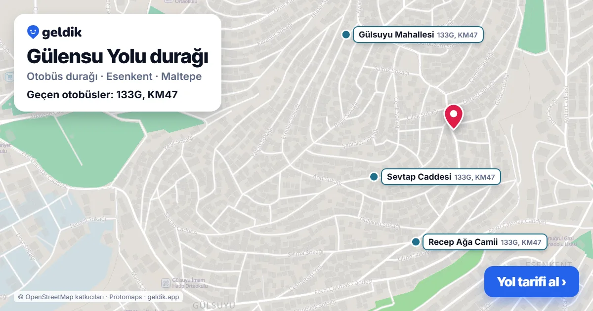 Gülensu Yolu otobüs durağı haritada: konumu ve yakındaki duraklar