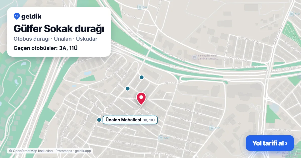 Gülfer Sokak otobüs durağı haritada: konumu ve yakındaki duraklar