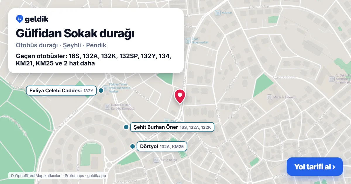 Gülfidan Sokak otobüs durağı haritada: konumu ve yakındaki duraklar