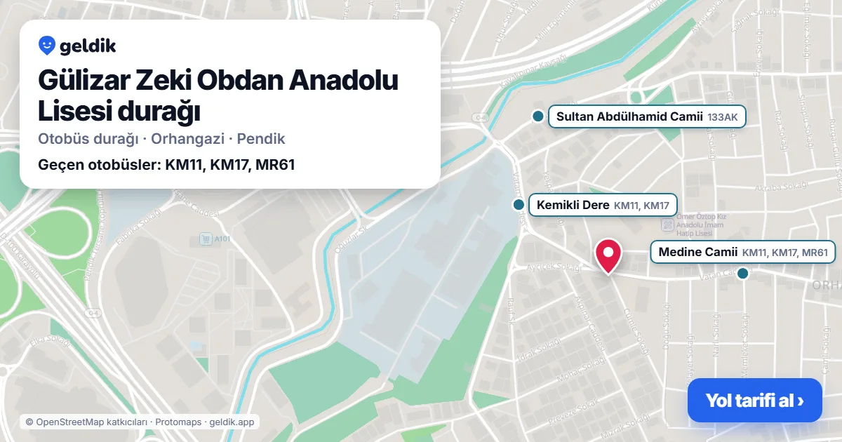 Gülizar Zeki Obdan Anadolu Lisesi otobüs durağı haritada: konumu ve yakındaki duraklar