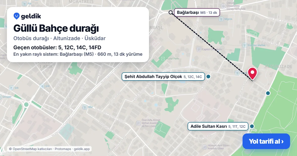 Güllü Bahçe otobüs durağı haritada: konumu ve yakındaki duraklar