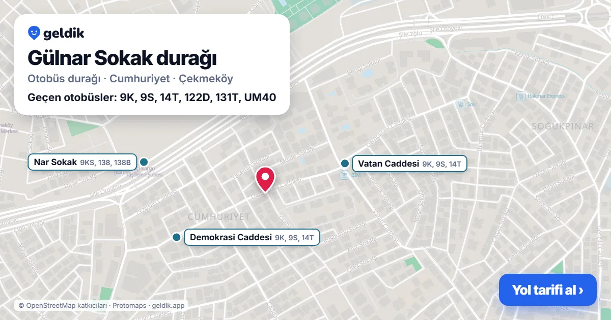Gülnar Sokak otobüs durağı haritada: konumu ve yakındaki duraklar