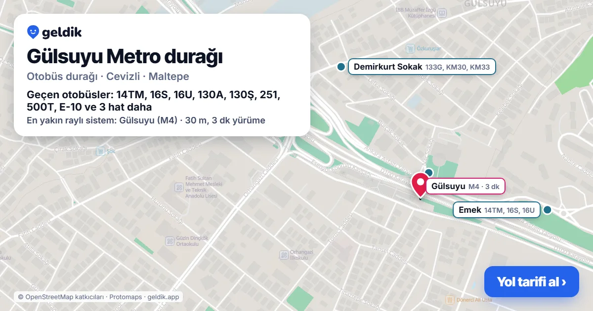 Gülsuyu Metro otobüs durağı haritada: konumu ve yakındaki duraklar