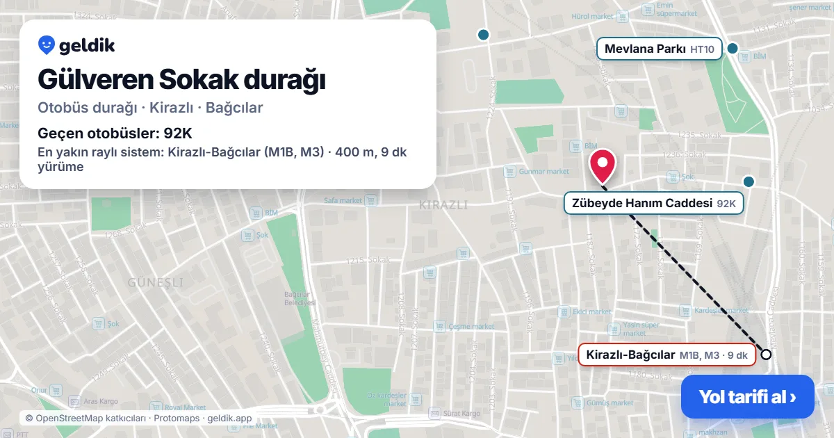 Gülveren Sokak otobüs durağı haritada: konumu ve yakındaki duraklar