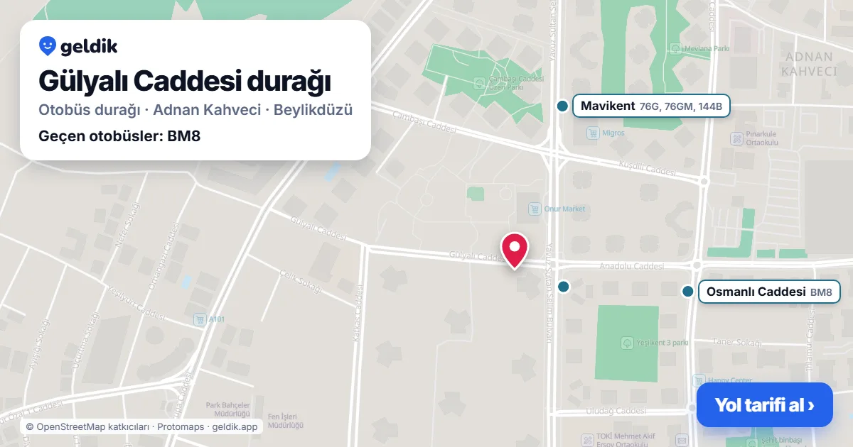Gülyalı Caddesi otobüs durağı haritada: konumu ve yakındaki duraklar