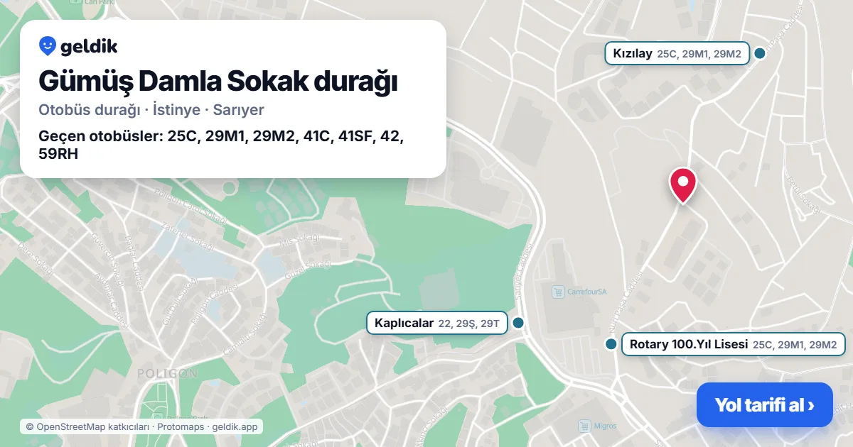 Gümüş Damla Sokak otobüs durağı haritada: konumu ve yakındaki duraklar
