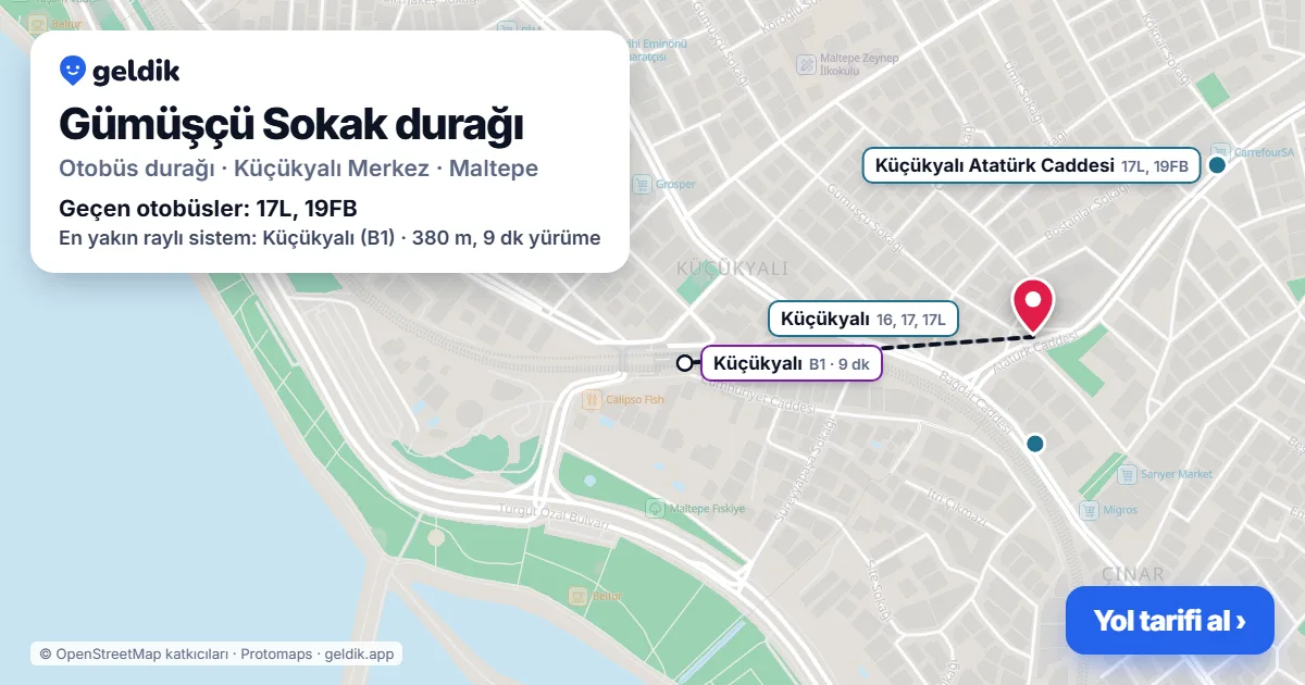 Gümüşçü Sokak otobüs durağı haritada: konumu ve yakındaki duraklar
